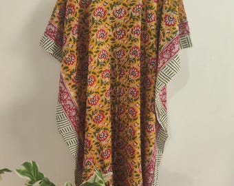 Caftán de algodón con estampado floral amarillo - Vestido largo estilo boho