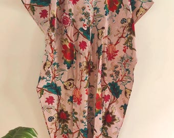 Caftán de algodón estampado a mano, caftán suave para verano, vestido largo ligero, túnica.