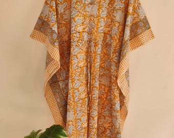 Vestido caftán con estampado floral, vestido caftán de algodón indio, maxi ligero, para la playa.