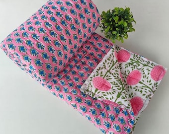 Hand Block Print Cotton Quilt: Reversible Floral Bedspread, Jaipuri Kantha Blanket All Season Quilt