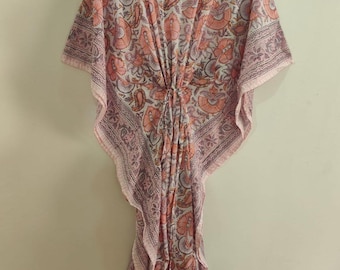 Organic Floral Summer Cotton Kaftan ! Hand Block Print Women Boho Maxi Beach Cover Up