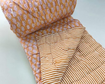 Block Print Queen Cotton Razai Quilt, Indian Handmade Blanket
