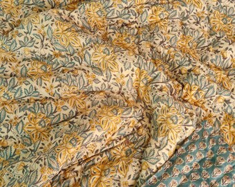 Edredón de algodón con estampado a mano: Edredón reversible con estampado floral tamaño Queen, manta suave de verano, edredón para todas las estaciones.