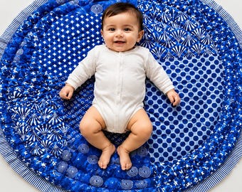 Edredón infantil de algodón estampado índigo hecho a mano: reversible, redondo, estilo Jaipuri Razai (40 x 40 pulgadas)