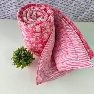 Hand Block Print Cotton Quilt Razai ! Reversible Pink Floral Handmade Blanket Bedspread