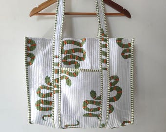 Hand Block Print Cotton Quilted Tote Bag - Boho Beach Shoulder Bag