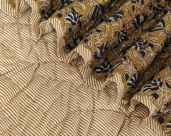 Handmade Quilted Cotton Razai Quilt : Blue Floral Hand Block Print Reversible Blanket Boho Comforter