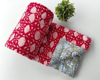 Hand Block Print Cotton Razai Quilt ! Floral Reversible Indian Blanket Bedspread