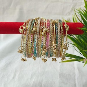 Kashmiri Glass Bangles Set, Multicolor Traditional Indian Wedding Jewelry, Gold Accents, Dainty Charms