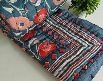 Edredón Razai de algodón con estampado floral en bloques: reversible, cálido para invierno, tamaño individual/matrimonial/king.