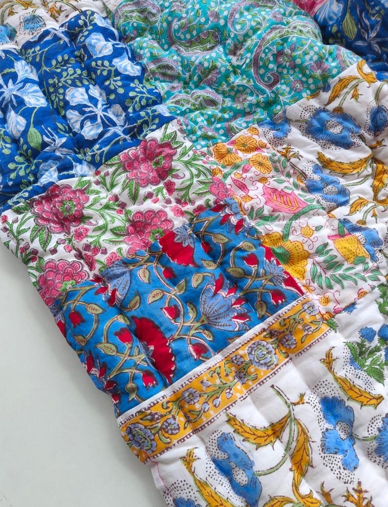 Patchwork Hand Block Print Cotton Razai Quit : Traditional Ethnic Handmade Reversible Blanket image 5