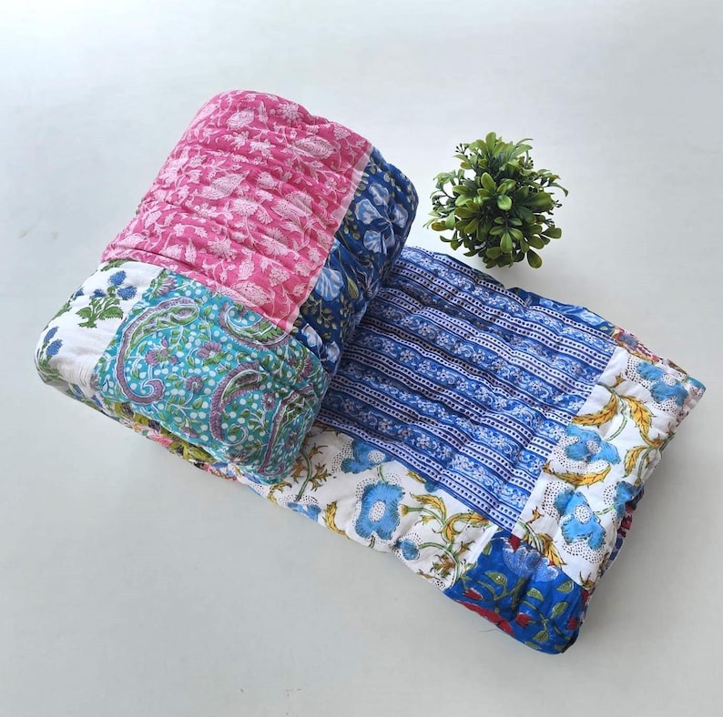 Patchwork Hand Block Print Cotton Razai Quit : Traditional Ethnic Handmade Reversible Blanket image 1