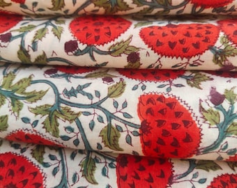 Red Floral Indian Block Print Organic Cotton Fabric By The Yard