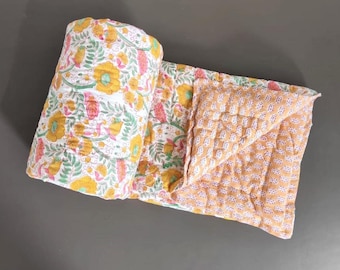Floral Block Print Cotton Quilt, Reversible Jaipuri Handmade Bedding, All Season Comforter