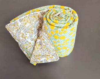 Hand Block Print Cotton Quilt Razai : Indian Reversible Floral Razai Blanket