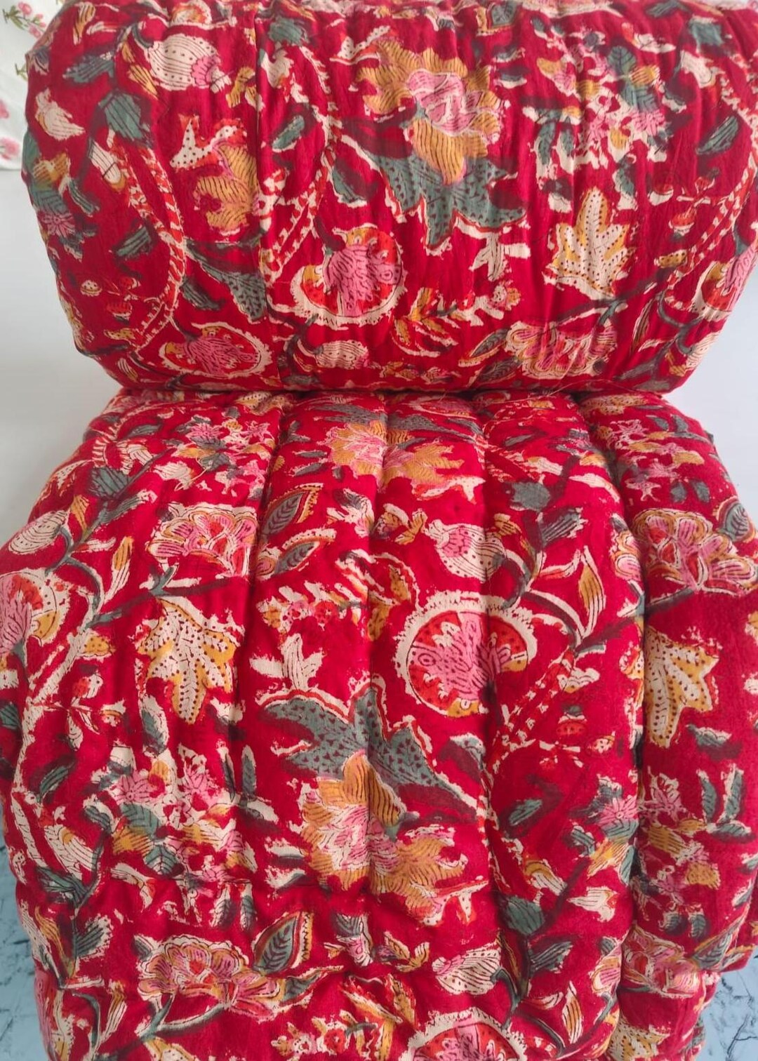 Red Razai Hand Block Print Organic Razai Quilt ! Red Floral Cotton Bedspread ...