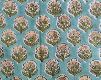 May include: A repeating pattern of stylized flowers in light tan and green on a teal background. The floral design features a central flower with detailed petals and leaves, creating a symmetrical and decorative textile pattern.