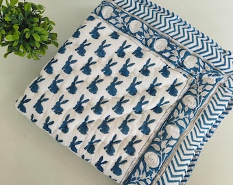 Edredón de algodón con estampado de conejo de Jaipur Razai / Manta reversible de lujo para habitación de invierno