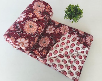 Edredón de algodón con estampado a mano, cubrecama floral reversible, manta ligera Jaipuri, edredón para todas las estaciones.