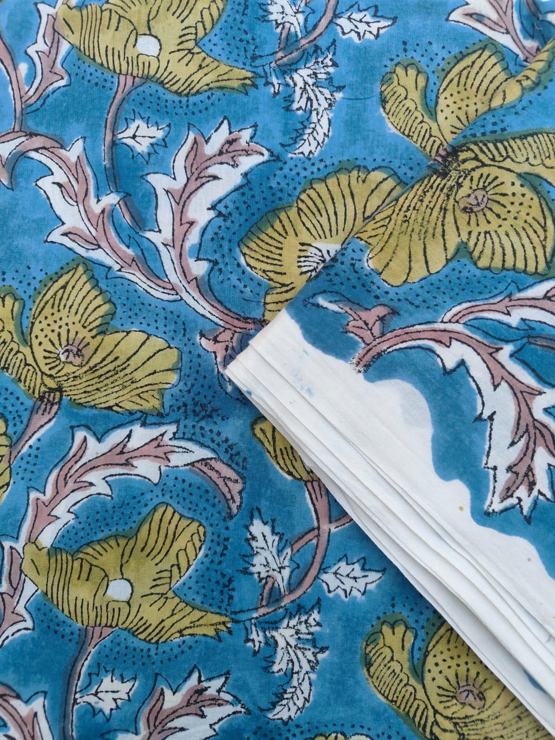 Indian Cotton Floral Fabric, Green Hand Block Print Clothing Fabric by ...