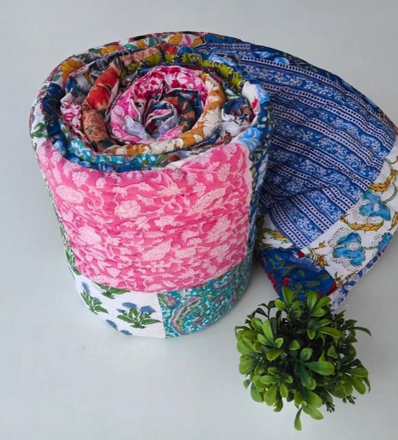 Hand Block Patchwork Cotton Quilt : Cottagecore Farm House Blanket, All Season Quilt
