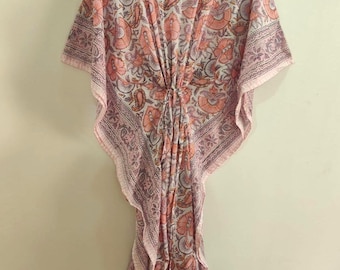 Kaftán indio estampado a mano en bloque, vestido largo de algodón suave, ligero, ideal para la playa.