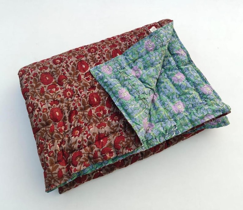 Jaipuri Block Print Cotton Quilt, Reversible Floral Razai Bedspread Comforter image 1