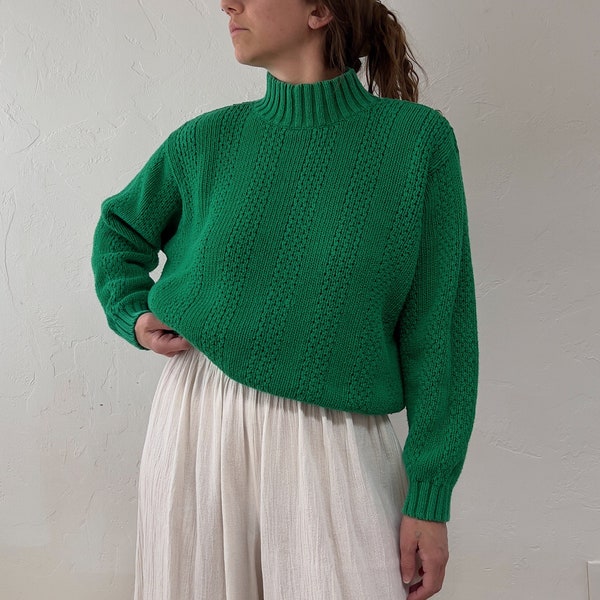 1990s Shamrock Green Cotton & Ramie Blend Chunky Ribbed Knit Mockneck Sweater