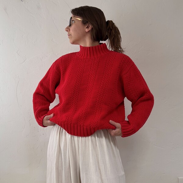 1990s Red Cotton & Ramie Blend Chunky Ribbed Knit Mockneck Sweater