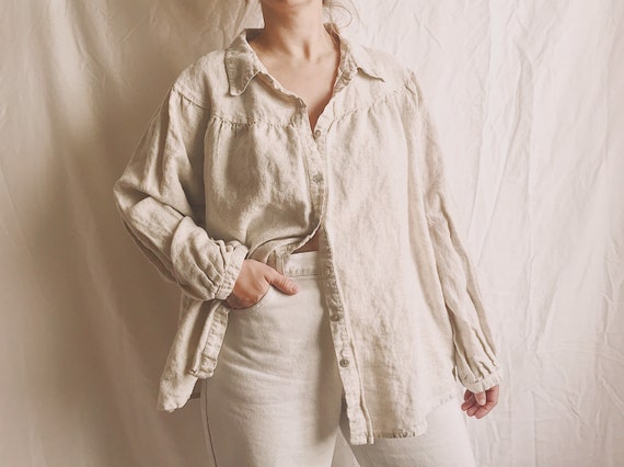 1990s Oversized Linen Balloon Sleeve Button Down B