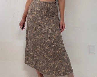1990s Floral 100% Silk Bias Cut A-Line Maxi Skirt