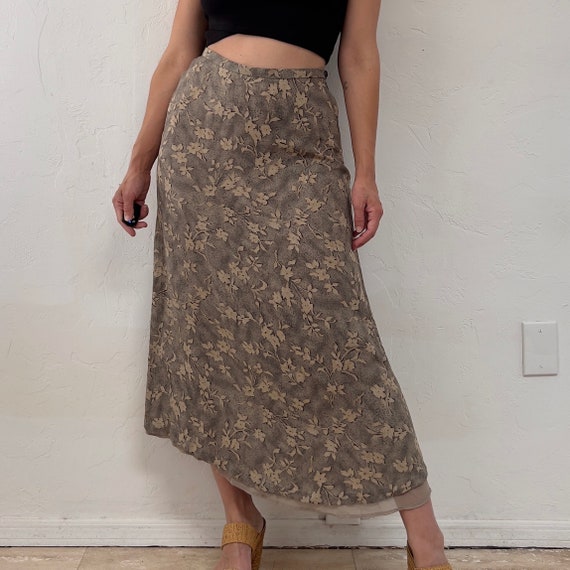 1990s Floral 100% Silk Bias Cut A-Line Maxi Skirt