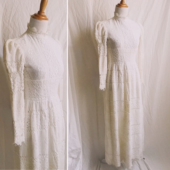 1960s Victorian Inspired Mutton Sleeve Lace Maxi o