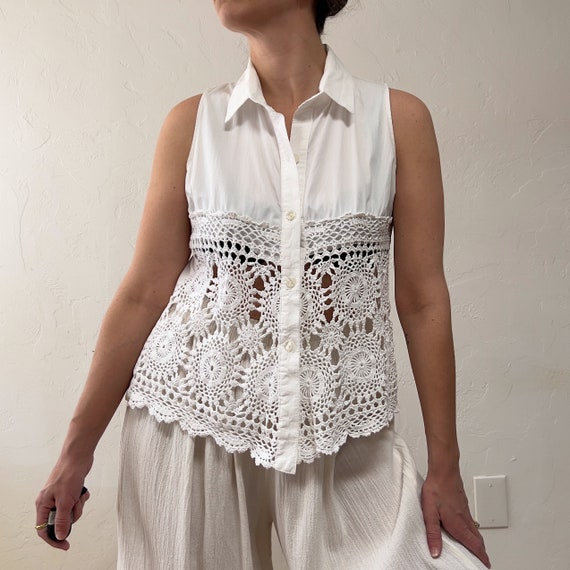 1990s Crochet Front 100% Cotton Sleeveless Button… - image 1