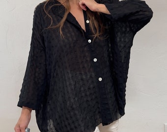 1990s Sheer Textured Oversized Boxy Fit Tunic Blouse
