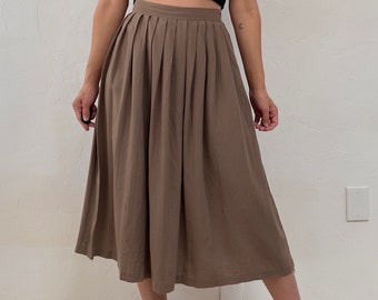 1950s Taupe Pleated Rayon Home Sewn A-Line Midi Full Skirt