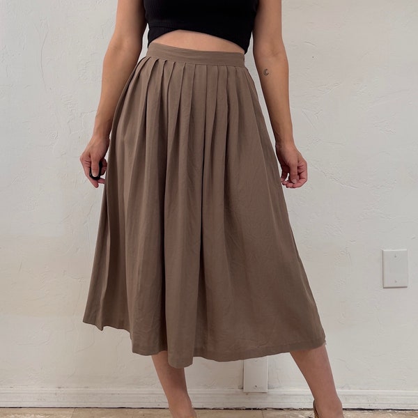 1950s Taupe Pleated Rayon Home Sewn A-Line Midi Full Skirt