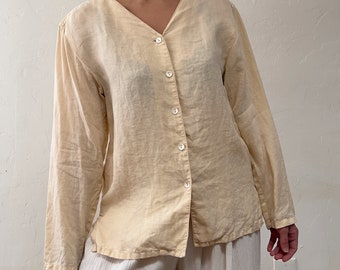 1990s Butter 100% Linen Long Sleeve Collarless Minimalist Button Front Oxford Blouse