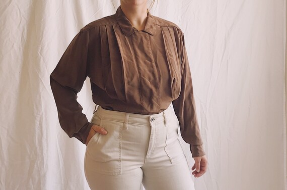 1980s Silk Balloon Sleeve Button Up Blouse