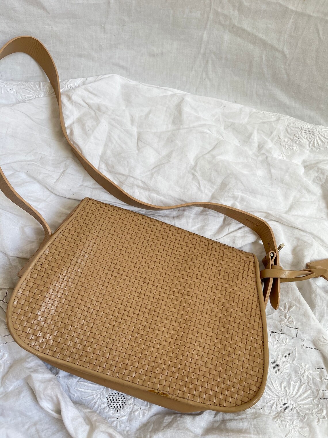 Y2K Vegetable Tan Woven Leather Shoulder Sling Bag Etsy