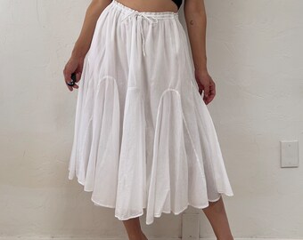 1990s White India Cotton Drawstring Waist Full Swingy Godet Midi Skirt