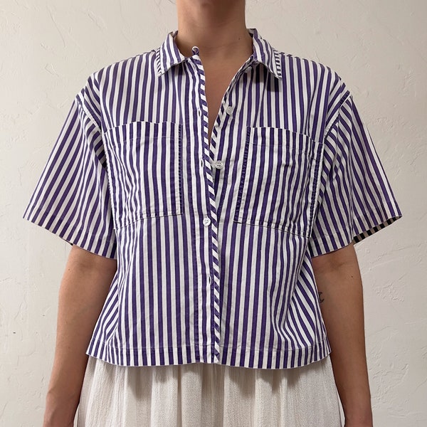 1990s Cropped Length 100% Cotton Striped Boxy Fit Oxford Button Down Shirt