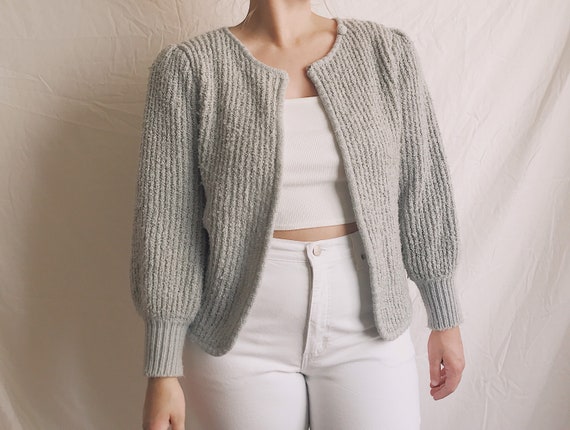 1980s Boucle Knit Puff Sleeve Cardigan