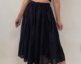 1990s Black India Cotton Drawstring Waist Full Swingy Midi Skirt
