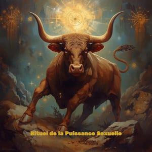Puede incluir: Pintura digital de un toro marrón con grandes cuernos, sobre un fondo celestial con acentos dorados. El toro se representa en una postura poderosa, con el texto "Rituel de la Puissance Sexuelle" en la parte inferior.