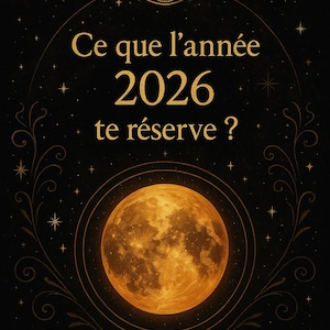 Könnte beinhalten: Ein himmlisches Design auf schwarzem Hintergrund mit einem goldenen Vollmond, Sternen und dekorativen Verzierungen. Der Text "Ce que l'année 2026 te réserve ?" ist in Gold dargestellt, zusammen mit einem Augensymbol.