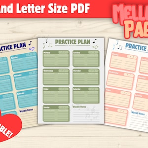May include: Three printable practice plan templates for musicians in blue, green, and peach color schemes. Each sheet features daily sections from Monday to Sunday with fields for exercise name, practice time, and weekly notes, decorated with musical notes.