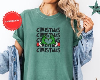 EMBROIDERED Grinchmas Hand Heart Shirt, Christmas Grinch Embroidery Sweatshirt, Christmas Movies T-shirt, Embroidered Holiday Crewneck