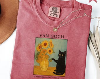 Comfort Colors® Van Gogh Cat Shirt, Vintage Art Tee, Black Cat Shirt, Sunflower Cat T-Shirt, Aesthetic Painting Tee, Funny Art Sweatshirt