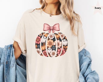 Comfort Colors® Vintage Floral Pumpkin Shirt, Floral Pumpkin Fall Shirt, Coquette Halloween Ghost Shirt, Girly Halloween Bow Tee Spooky Tee